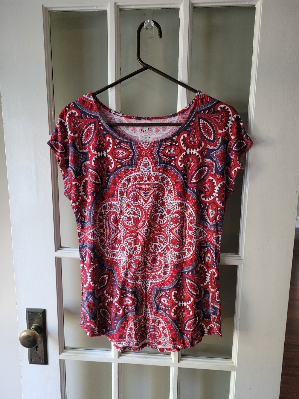 Dressbarn Westport 1962 Short Sleeve Shirt kaleidoscope Red Blouse Womens M